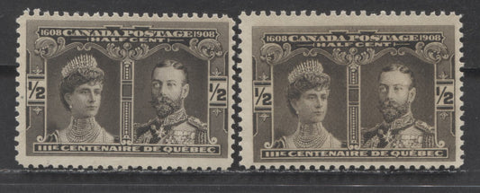 Canada #96 1/2c Black Brown & Brown Black Prince & Princess Of Wales, 1908 Quebec Tercentenary Issue, 2 FNH Singles