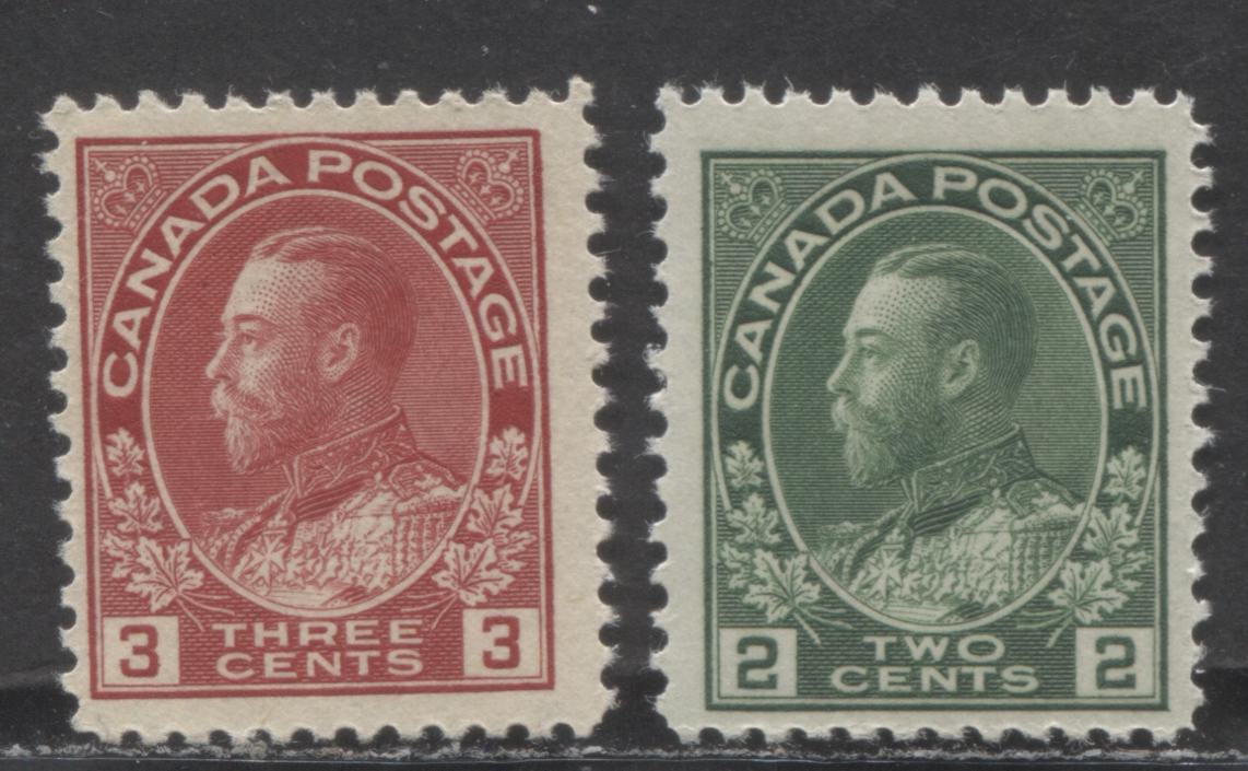 Lot 55 Canada #107e, 109 2c, 3c Green, Carmine Red, 1911 - 1925 King George V Admiral Issue, 2 FNH Singles Die1 Dry Printings - F-70 NH