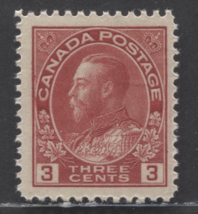 Lot 150 Canada #109 3c Carmine Red, 1911 - 1925 King George V Admiral Issue, A VFNH Single Die 1 Dry Printing, Some What Streaky Cream Satin Gum