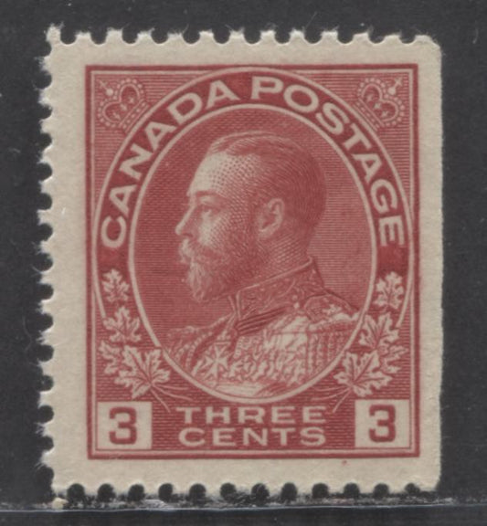 Canada #109 3c Carmine Red King George V, 1911-1925 Admiral Issue, A VFNH Right Sheet Margin Single With Streaky Satin Cream Gum, Die 1, Dry Printing