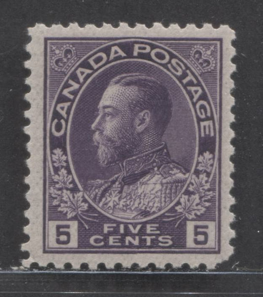 Canada #112a 5c Deep Reddish Lilac King George V, 1911-1925 Admiral Issue, A FNH Single On Thin Experimental Paper, Wet Printing, Pulled Corner Perf LL