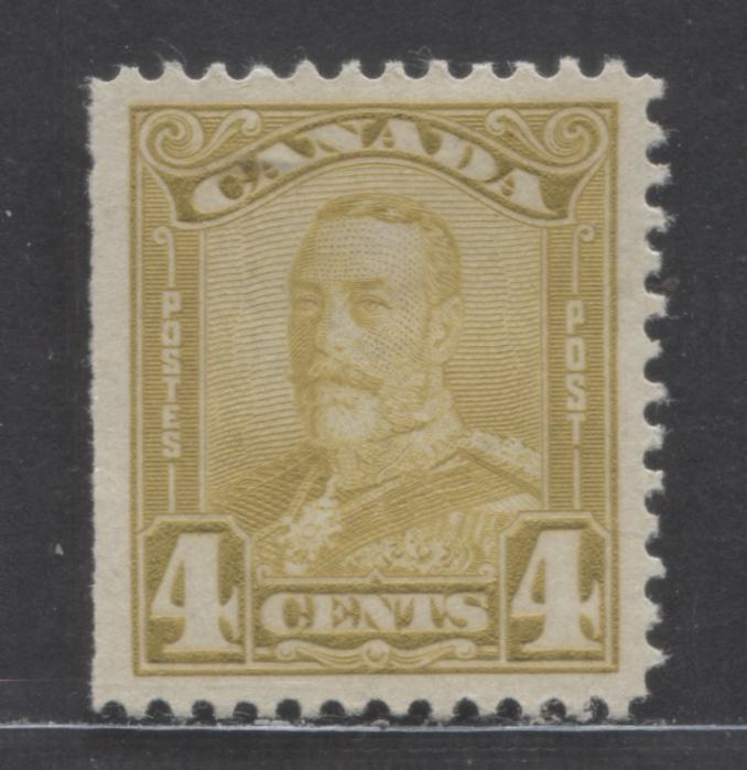 Canada #152 4c Bistre Yellow King George V, 1928-1929 Scroll Issue, A VFOG Left Sheet Margin Single