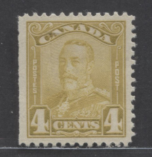 Canada #152 4c Bistre Yellow King George V, 1928-1929 Scroll Issue, A VFOG Left Sheet Margin Single