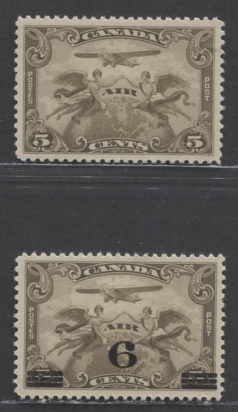 Canada #C1, C3 5c & 6c on 5c Brown Olive Winged Figures & Surcharges, 1928-1932 Airmail Issues, 2 VFOG Singles