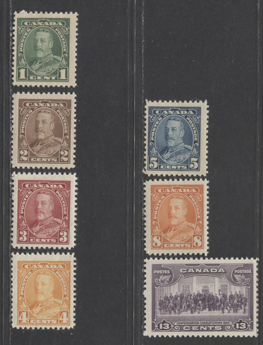 Canada #217-222,224 1c-8c,13c Green-Deep Orange,Violet King George V, Charlottetown, 1935 King George V Pictorial Issue, 7 Fine NH Singles