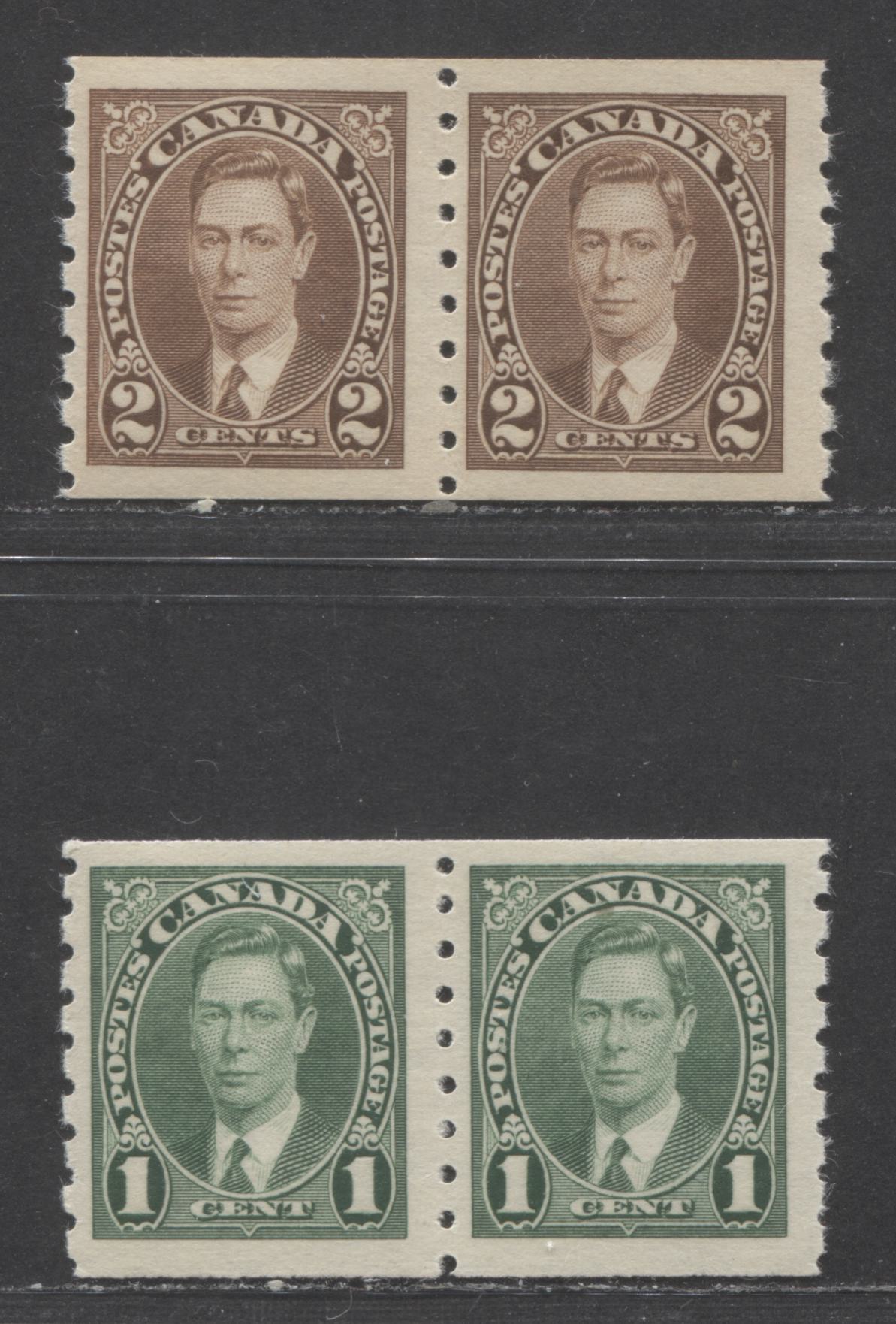 Canada #238 - 239 1c-2c Green - Brown, 1937 King George VI Coil Stamps Issue, 2 FNH Coil Pairs