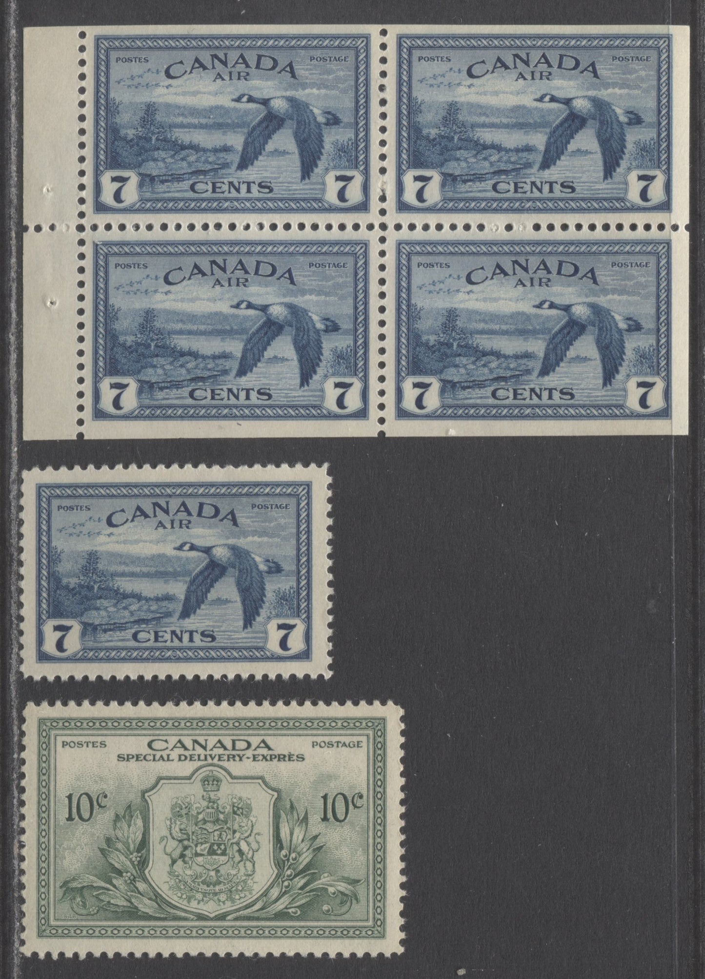 Canada #C9,a,E11 7c & 10c Deep Blue & Green Canada Geese & Emblem With Flowers, 1946 Airmail War & Special Delivery Peace Issue, 3 VFNH Singles & Booklet Pane Of 4