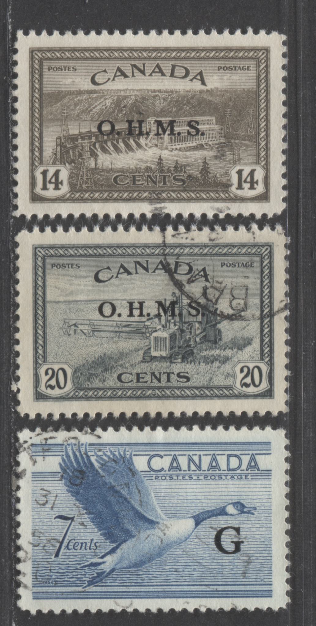 Canada #O7, O8, O31 14c, 20c, 7c Black Brown, Slate Black, Deep Blue Hydroelectric Station, Combine Harvesting, Canada Goose, 1949 - 1953 Peace, Definitives Overprinted Officials Issues, 3 Very Fine Used Singles