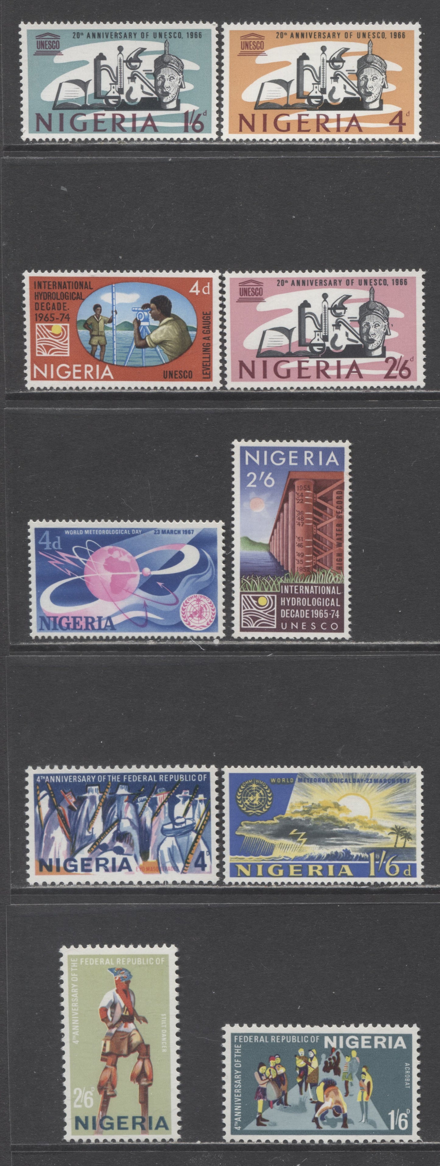 Nigeria SC#204-213 1966-1967 UNESCO, 4th Anniversary Of Republic & Hydrological Issues With Different Papers From Those In Lot #356, 10 VFNH Singles, Click on Listing to See ALL Pictures, 2017 Scott Cat. $8.9 USD