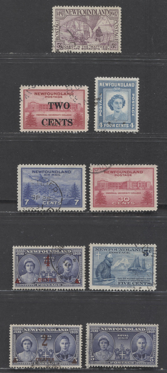 Newfoundland #249-252, 267-270 5c/2c on 30c Violet Blue/Carmine Queen Elizabeth & King George VI/Memorial University & Cabot On The Matthew, 1939/1947 Royal Visit, Surcharged, University, Birthday & Cabot Issues, 9 Very Fine Used Singles