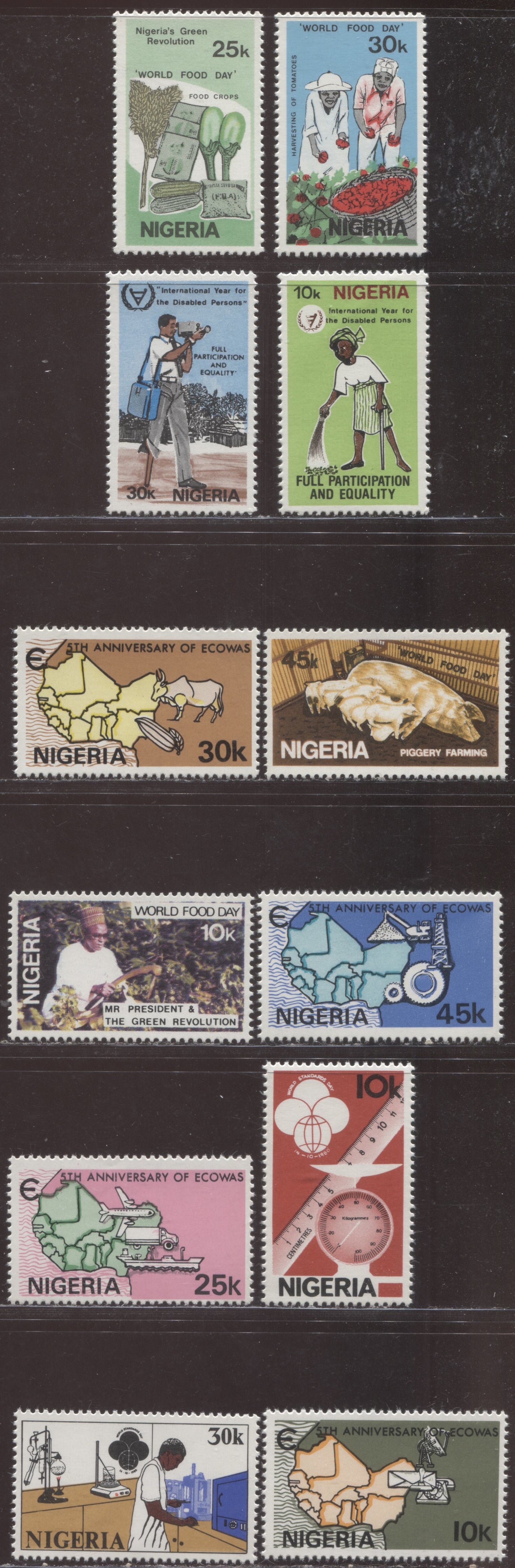 Nigeria SC#394-404 1980-1981 World Standards-World Food Day Issues, 12 VFNH Singles, Click on Listing to See ALL Pictures, 2017 Scott Cat. $4.45 USD