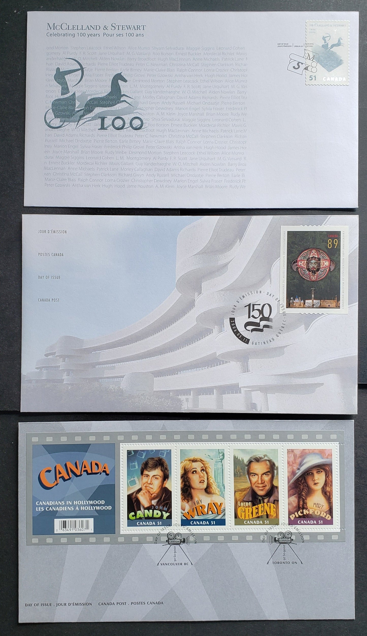 Canada #2151-2153 51c & 89c Multicolored Horse & Charioteer - Mary Pickford, 2006 McClelland & Stewart Centenary - Canadians In Hollywood Issue, 3 VFNH First Day Covers, Generally 26,000 Of Each Cover Were Produced