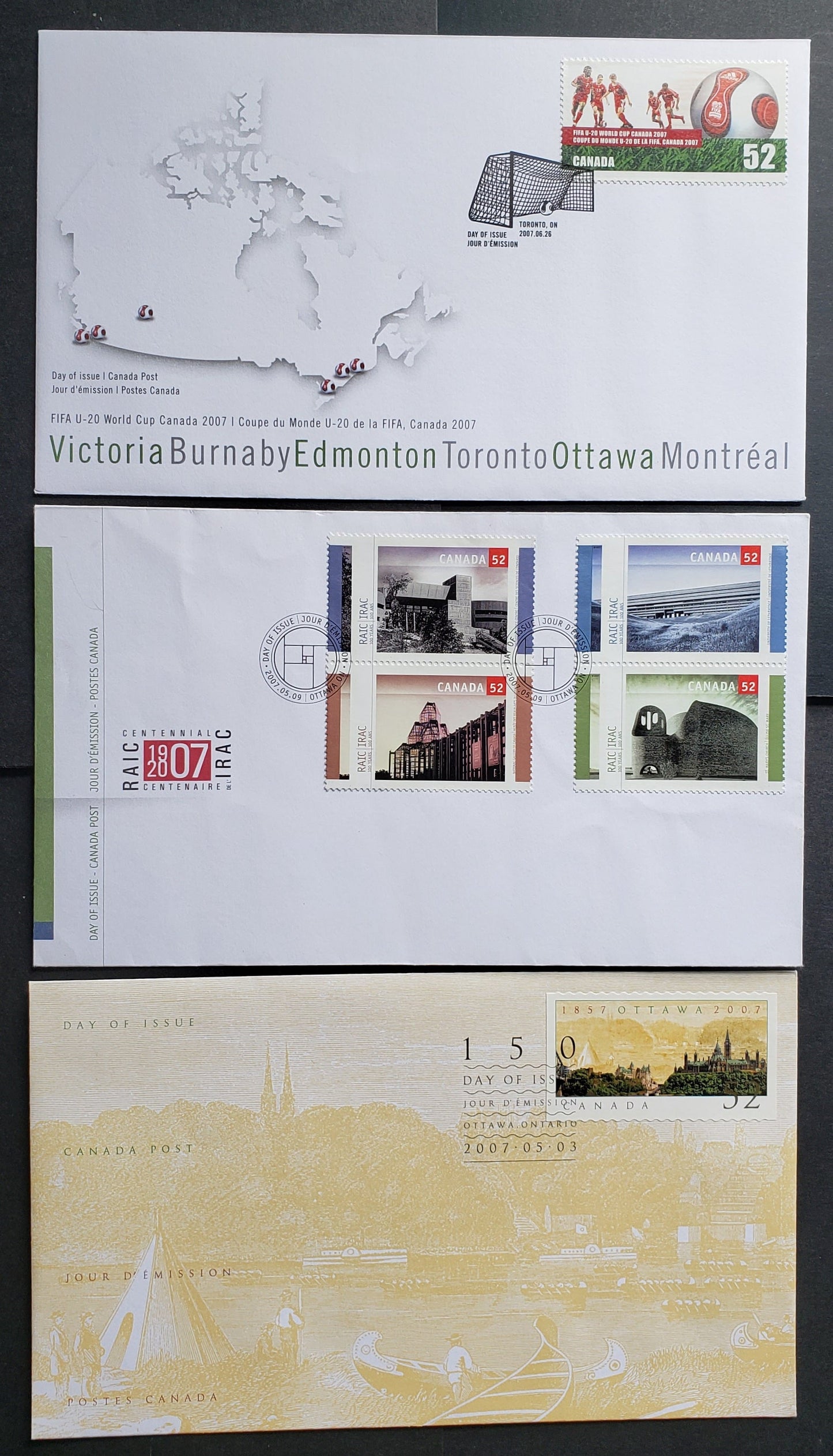Canada #2214, 2218, 2220 52c Multicolored Ottawa Skyline & Soccer Players & Ball, 2007 Ottawa Sesquicentennial - FIFA U-20 World Youth Championship Issues, 3 VF FDC's, Likely 26,000 Or Less Of Each Produced