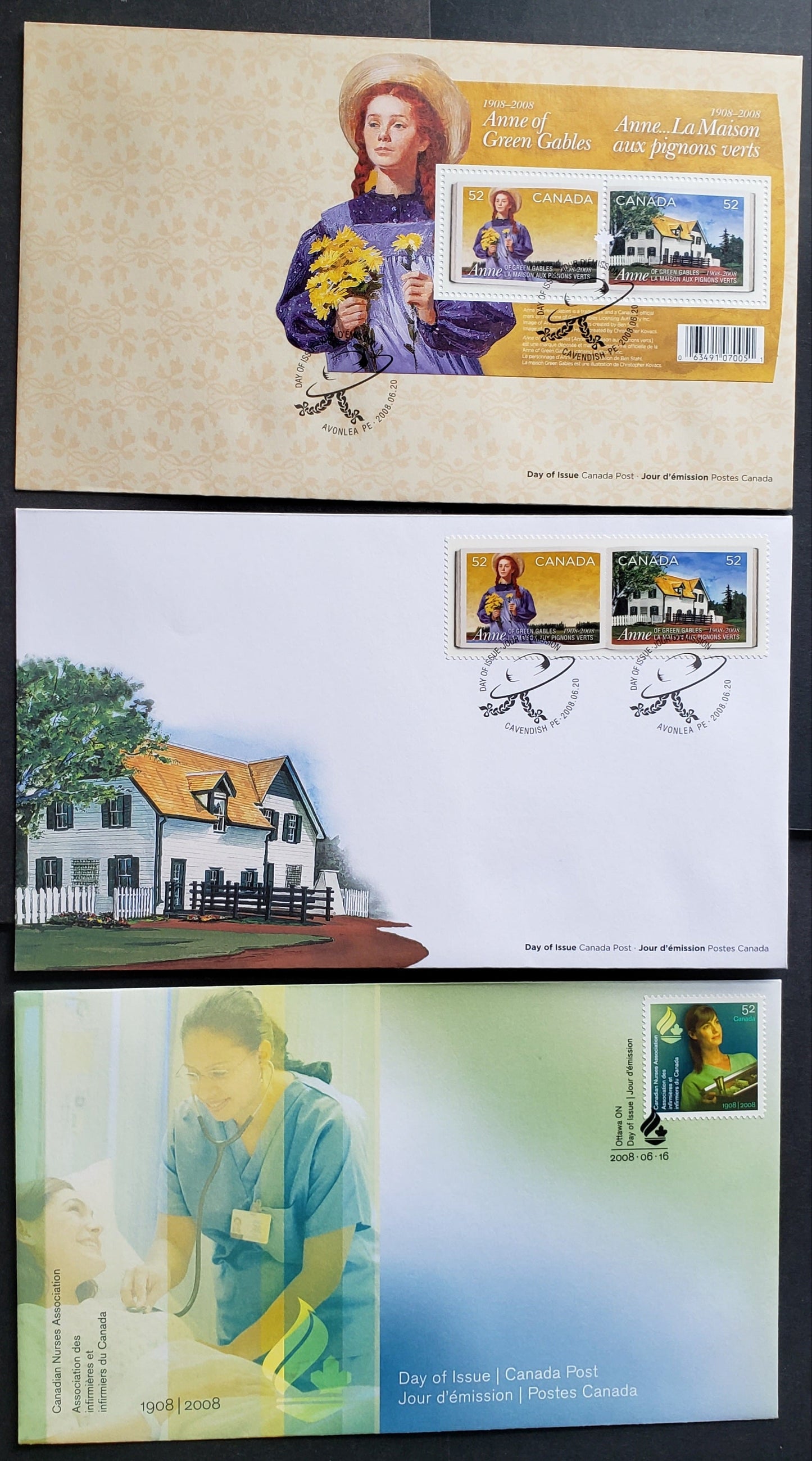 Canada #2275-2278 52c Multicolored Working Nurse - Green Gables, 2008 Canadian Nurses Association - Anne Of Green Gables, 3 VF FDC's, Likely 25,000 Or Less Of Each Produced