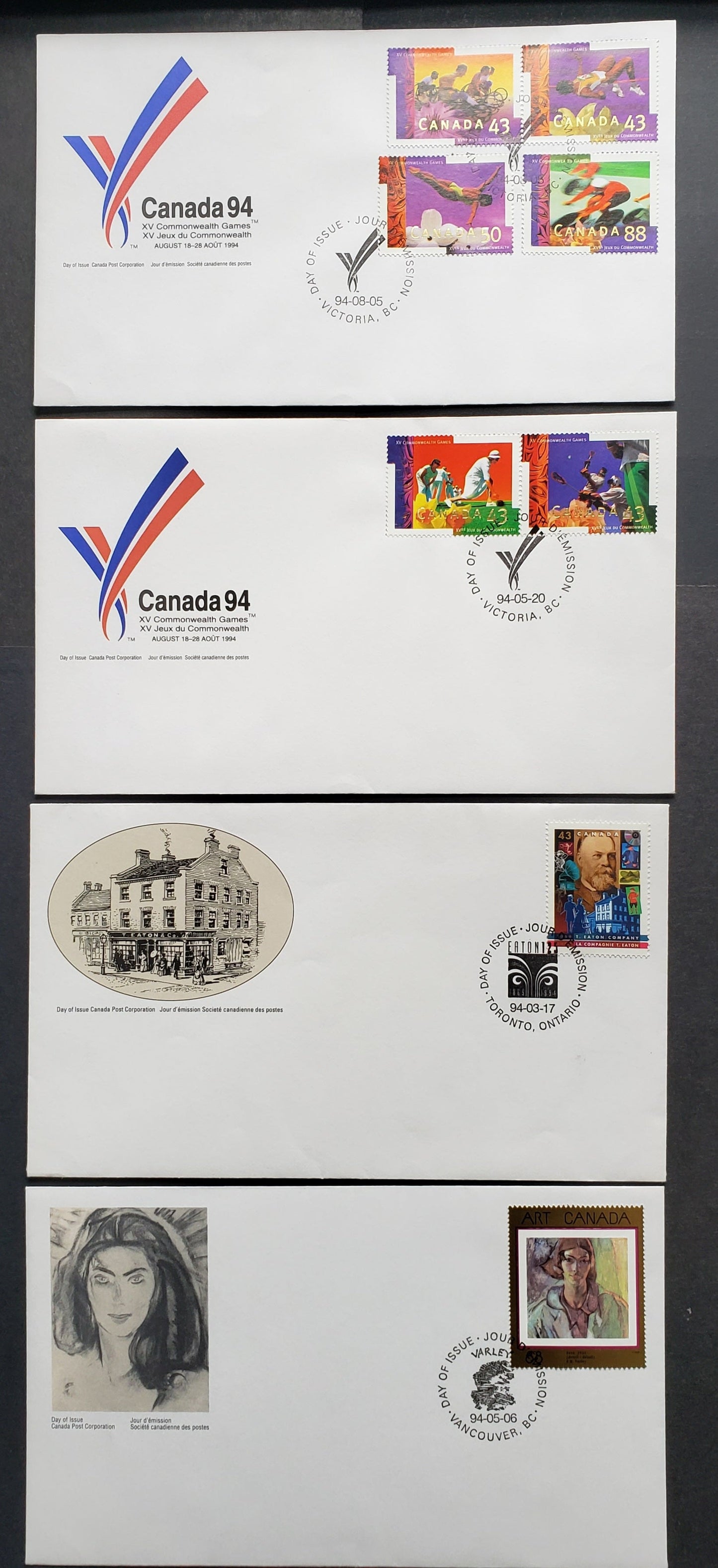 Canada #1510, 1516, 1518a, 1519-1522 43c, 50c & 88c Multicolor  1994 T. Eaton - Commonwealth Games Issues, 3 Canada Post FDC's Franked With Singles & Combinations, Approx 30,000-60,000 Of Each Produced, Cat. Value $11.20