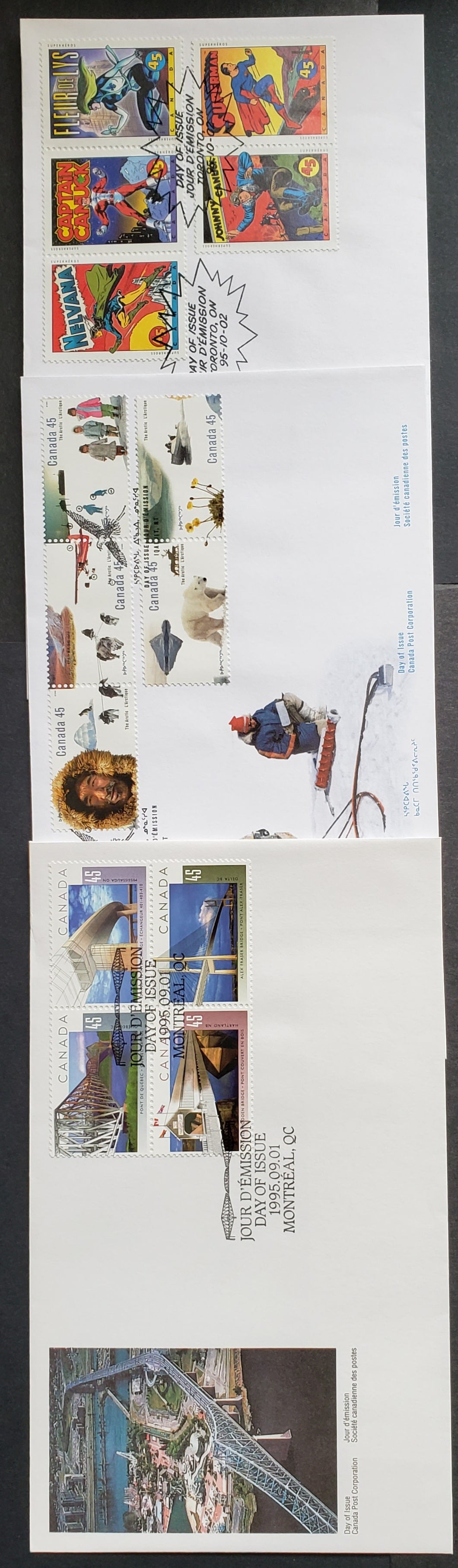 Canada #1573a, 1578a, 1583a 45c Multicolor 1995 Bridges - Comic Book Superhero Issues, 3 Canada Post FDC's Franked With Blocks & Strips, Cat. Value $14.4