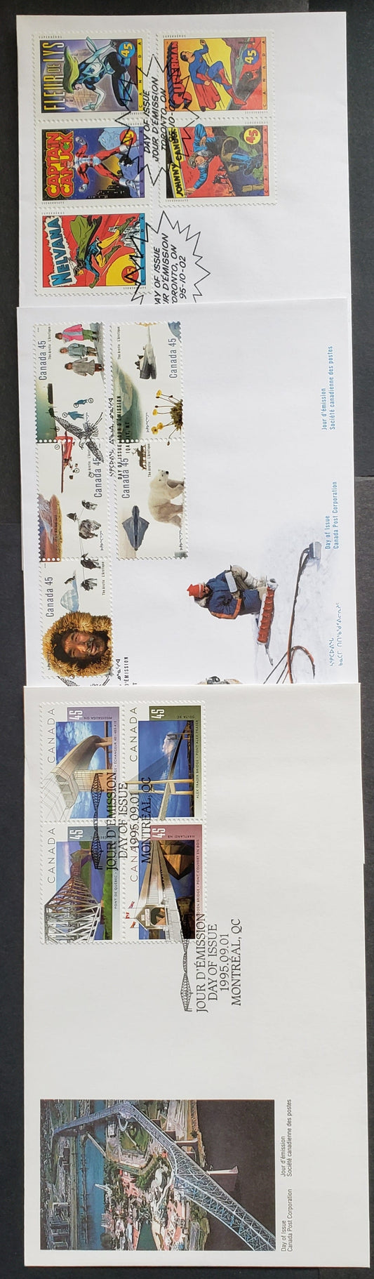 Canada #1573a, 1578a, 1583a 45c Multicolor 1995 Bridges - Comic Book Superhero Issues, 3 Canada Post FDC's Franked With Blocks & Strips, Cat. Value $14.4