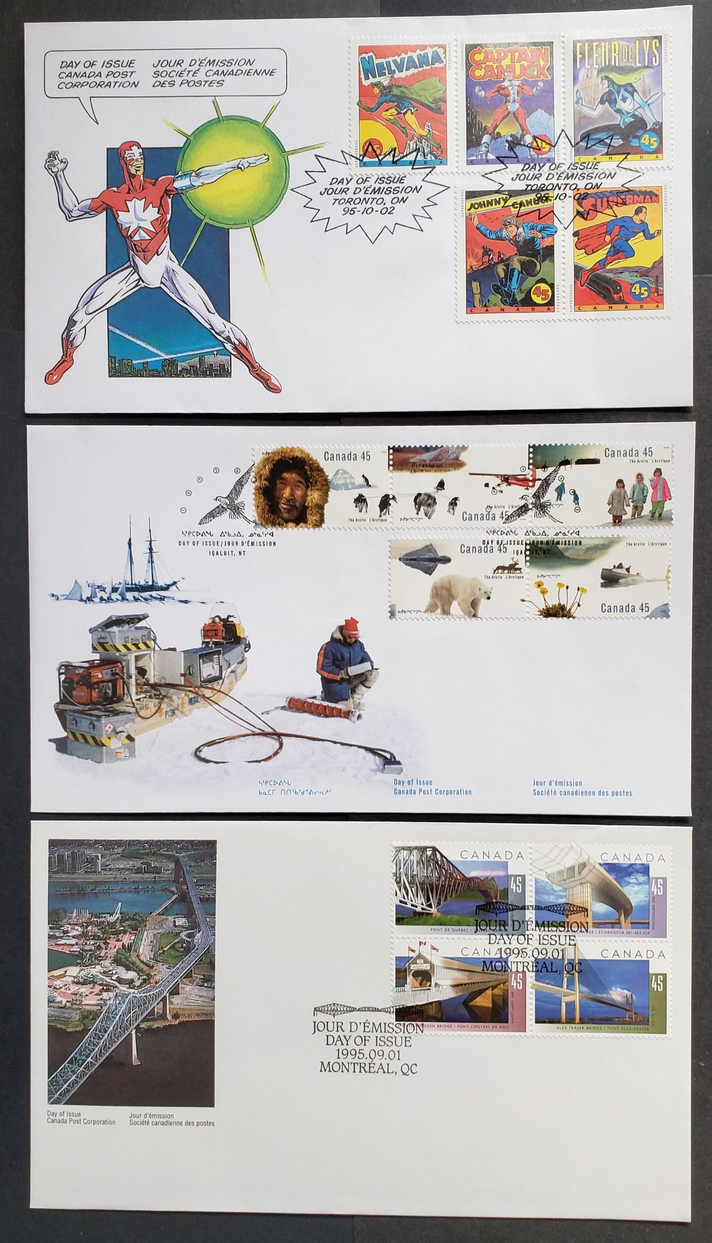 Canada #1573a, 1578a, 1583a 45c Multicolor 1995 Bridges - Comic Book Superhero Issues, 3 Canada Post FDC's Franked With Blocks & Strips, Cat. Value $14.4