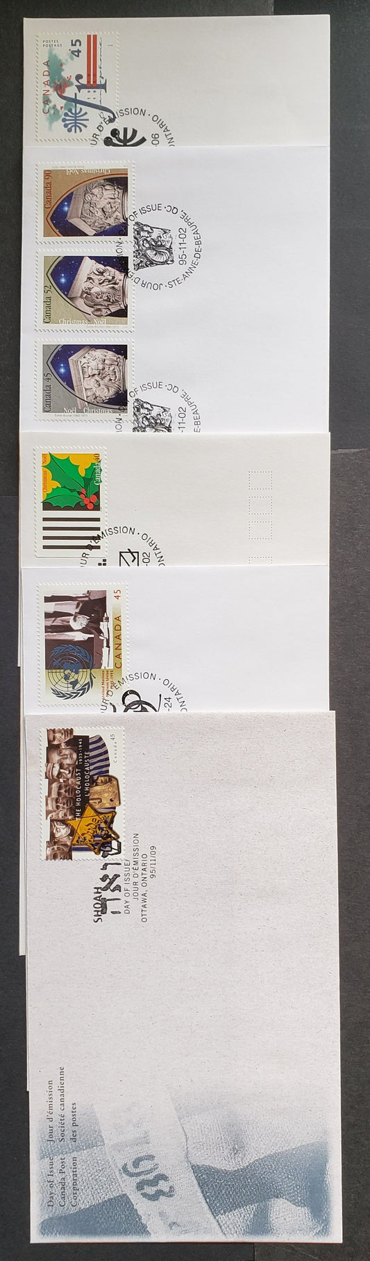 Canada #1584-1590 45c/90c Multicolor 1995 United Nation - Holocaust Issues, 5 Canada Post FDC's Franked With Singles, Approx 30,000-40,000 Issued, Cat. Value $10.25