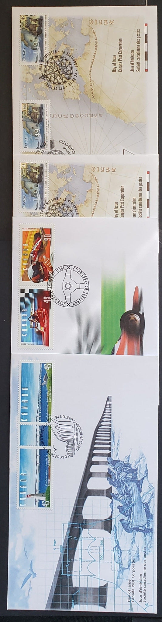 Canada #1646a, 1648a, 1649 45c & 90c Multicolor 1997 Confederation Bridge - John Cabot, 4 Canada Post FDC's Franked With Singles & Pairs, Joint Issue With Italy, Cat. Value $11.2