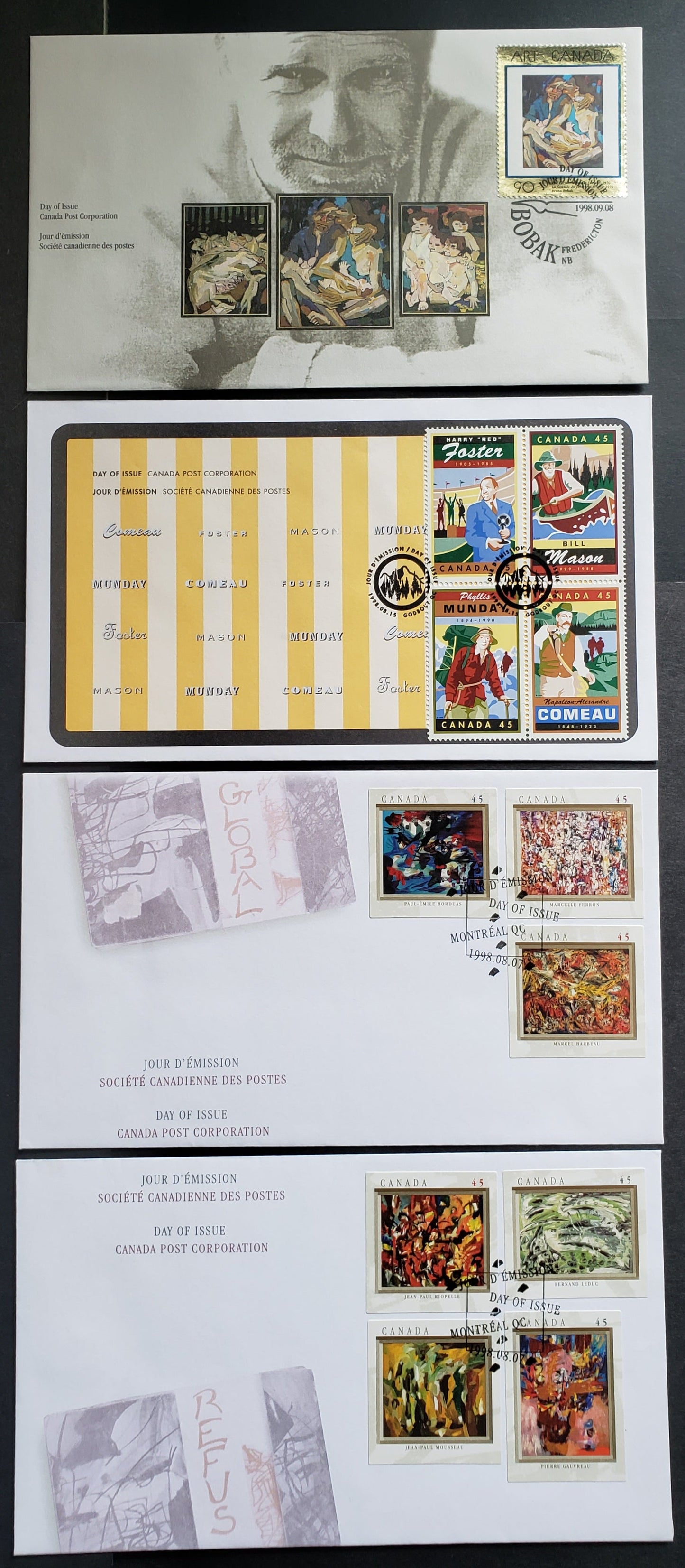Canada #1743-1754 45c & 90c Multicolor  1998 Automatistes - Art Canada, 4 Canada Post FDC's Franked With Singles & Block, Approx 40,000 Of Each Issued, Cat. Value $14.2