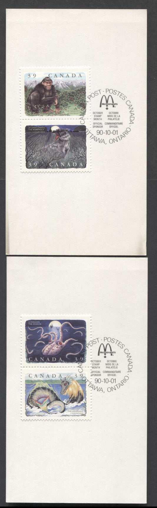 Lot 24 Canada #1289a-1292c 39c Multicolor 1990 Folklore Issue, 2 McDonalds Souvenir Cards, Franked With Singles, First Day Cancels, Scarcer Perf 12.5 X 12, Cat. Value $20