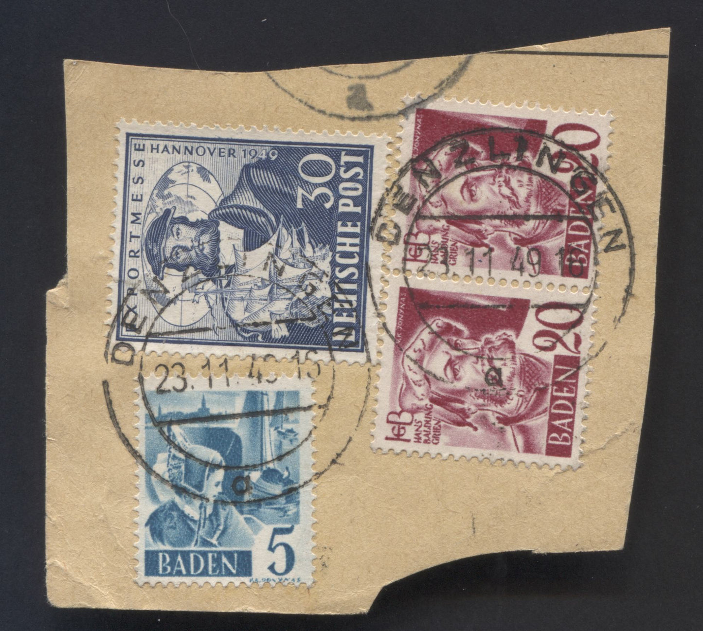 Germany SC#664/5N37 1948-1949 Hannover Export Issue, Parcel Piece With Mixed Franking, 3 Fine/Very Fine Used Singles, Click on Listing to See ALL Pictures, 2022 Scott Classic Cat. $4.3 USD