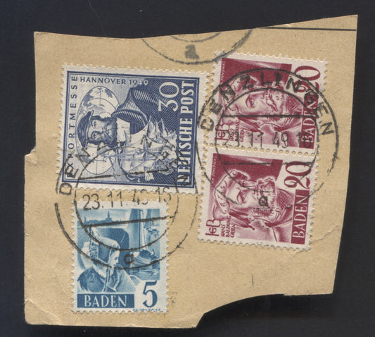 Germany SC#664/5N37 1948-1949 Hannover Export Issue, Parcel Piece With Mixed Franking, 3 Fine/Very Fine Used Singles, Click on Listing to See ALL Pictures, 2022 Scott Classic Cat. $4.3 USD