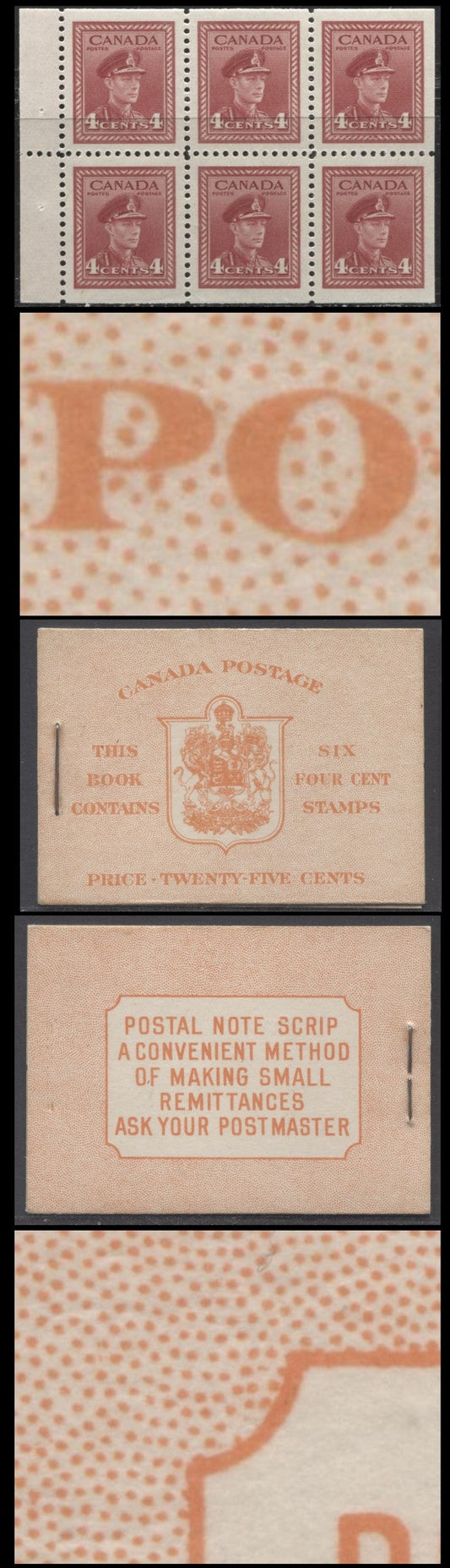 Lot 318 Canada #BK36dE 1942-1947 War Issue, A Complete 25c English Booklet, A Pane Of 6 4c Dark Carmine, Front Cover IIi, Back Cover Caiv, Type II, 7c & 6c Rate Page, 24,114,000 Issued, CBN-IIIIIII