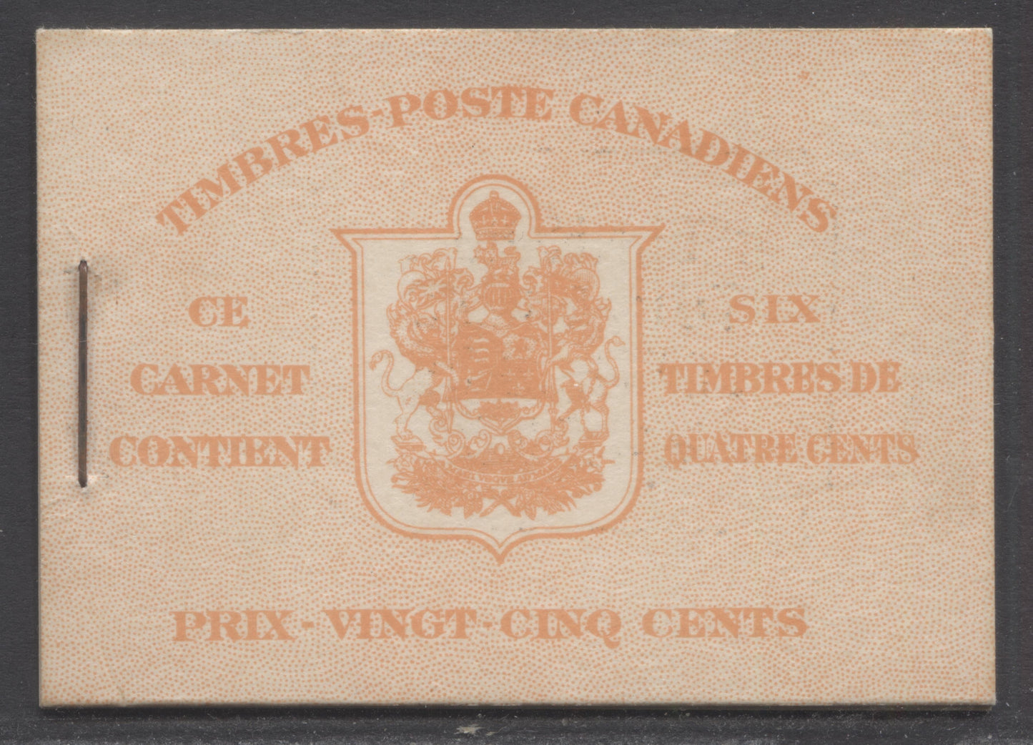 Canada #BK36dFIIsDiii 1942-1947 War Issue, A Complete 25c French Booklet, A Pane Of 6 4c Dark Carmine, Front Cover IIs, Back Cover Diii, Type II, 7c & 6c Rate Page, Horizontal Ribbed Pane, 1,789,000 Issued