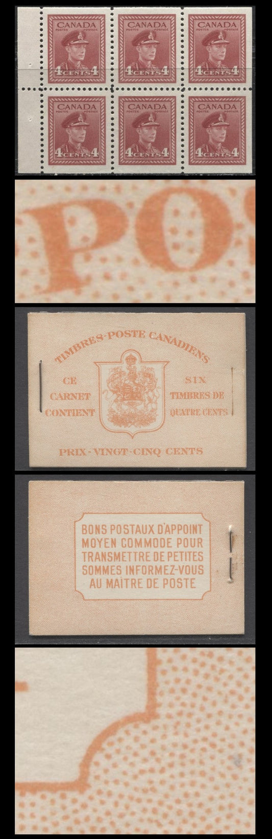 Canada #BK36dF 1942-1947 War Issue, A Complete 25c French Booklet, A Pane Of 6 4c Dark Carmine, Front Cover IIu, Back Cover Div, Type II, 7c & 6c Rate Page, 1,789,000 Issued