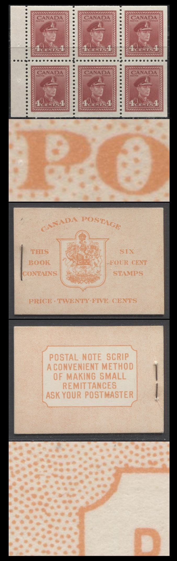 Lot 334 Canada #BK36e 1942-1947 War Issue, A Complete 25c English Booklet, A Pane Of 6 4c Dark Carmine, Front Cover IIi, Back Cover Cai, Type II, 7c & 5c Rate Page, 24,114,000 Issued, CBN-UUUUU