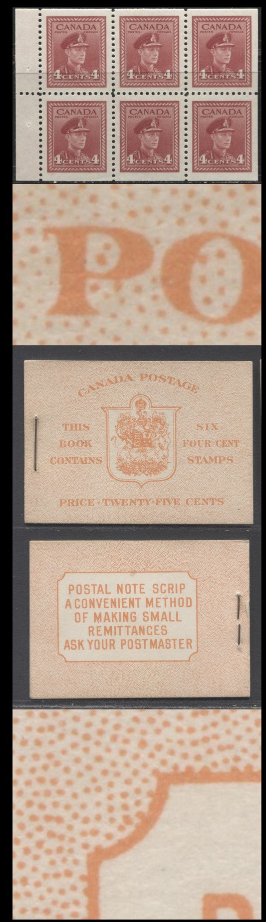 Lot 333 Canada #BK36e 1942-1947 War Issue, A Complete 25c English Booklet, A Pane Of 6 4c Dark Carmine, Front Cover IIi, Back Cover Caii, Type II, 7c & 5c Rate Page, 24,114,000 Issued, CBN-UUUUU Paper/Gum