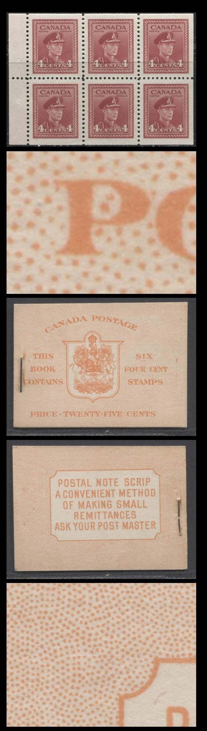 Canada #BK36lE (McCann) 1942-1947 War Issue, A Complete 25c English Booklet, A Pane Of 6 4c Dark Carmine, Front Cover IIi, Back Cover Cbiii, Type IIa, Surcharged 7c & 6c Rate Page, 14mm Staple, 24,114,000 Issued