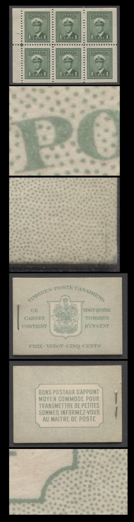Lot 343 Canada (C) #BK32dF 1942-1947 War Issue, A 25c French Booklet, 4 Panes Of 6 1c Green, Front Cover IIk, Back Cover Div, Cover Type II, 7c & 6c Rate Page, Vertical Cutting Guideline At Lower Right Of Front Cover, 145,000 Issued, Paper CBN-YYYYY