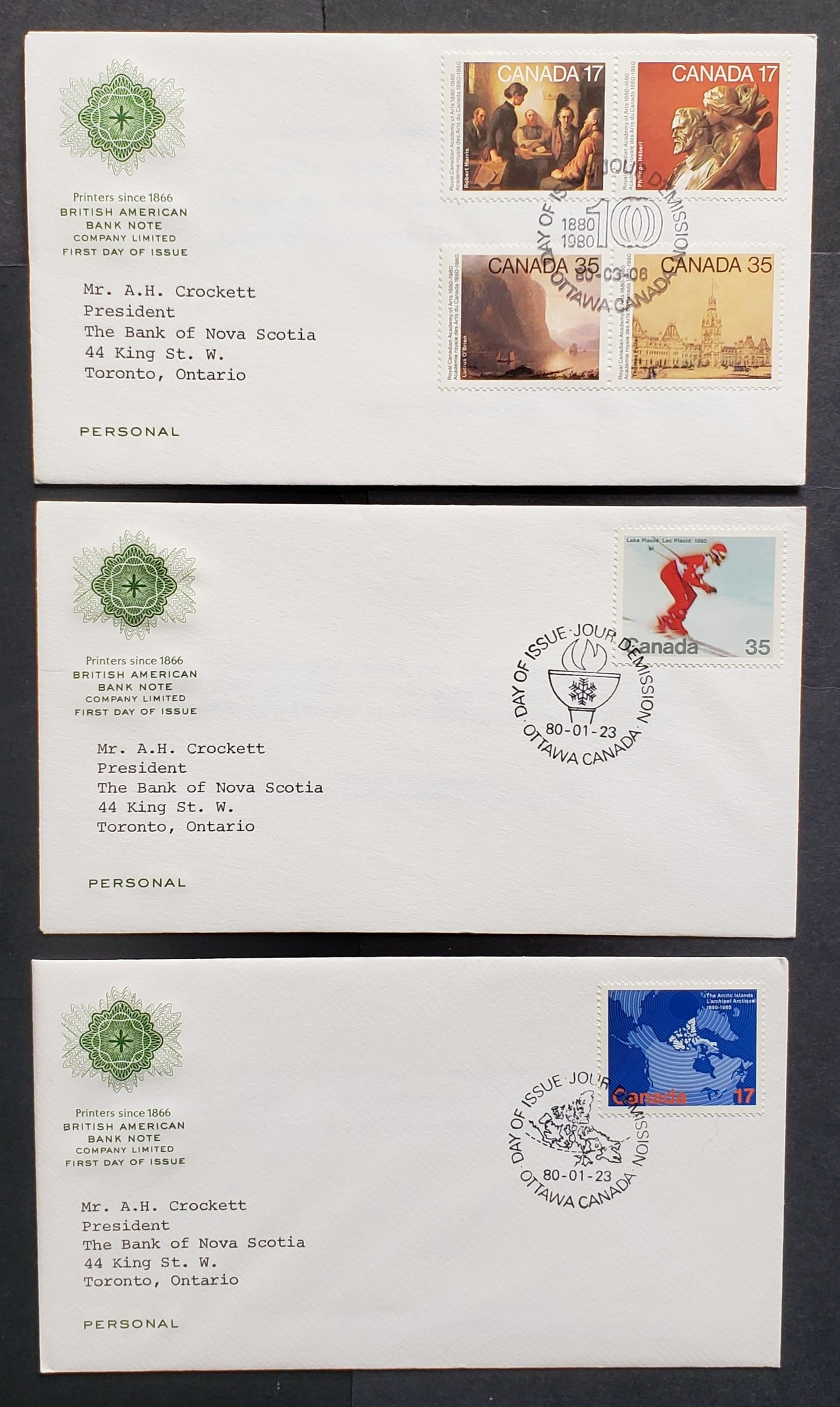 Canada #847-852a 1980 Arctic Islands – Academy of Arts, 3 British American Bank Note Company FDC’s, Franked With Singles & Combination, On DF Paper