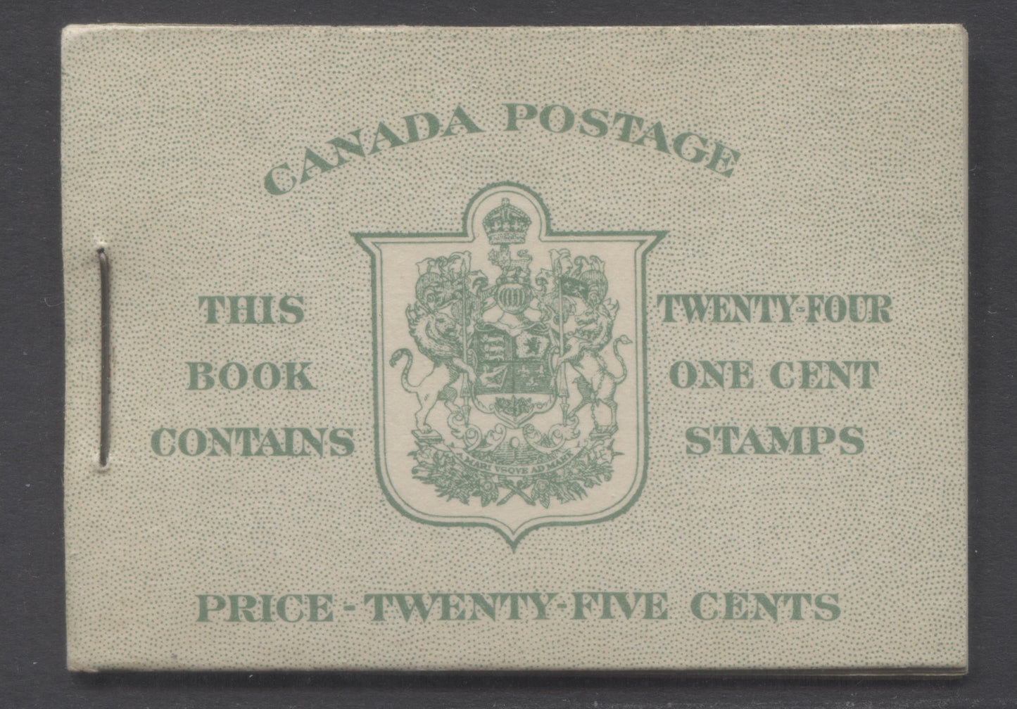 Lot 346 Canada (C) #BK32eE 1942-1947 War Issue, A Complete 25c English Booklet, 4 Panes Of 6 1c Green, Front Cover IIb, Back Cover Caiii, Cover Type II, 7c & 5c Rate Page, 'Postmaster' One Word, 699,000 Issued, Paper CBN-UUUUU
