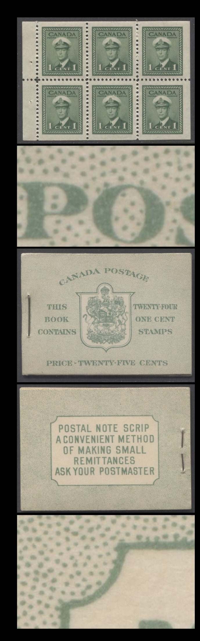 Lot 346 Canada (C) #BK32eE 1942-1947 War Issue, A Complete 25c English Booklet, 4 Panes Of 6 1c Green, Front Cover IIb, Back Cover Caiii, Cover Type II, 7c & 5c Rate Page, 'Postmaster' One Word, 699,000 Issued, Paper CBN-UUUUU