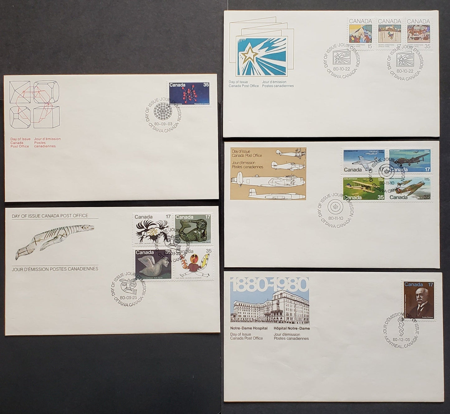 Canada #865-877 1980 Uranium – E.P. Lachapelle, 5 Official FDC’s With Singles and Pairs, All on DF Paper