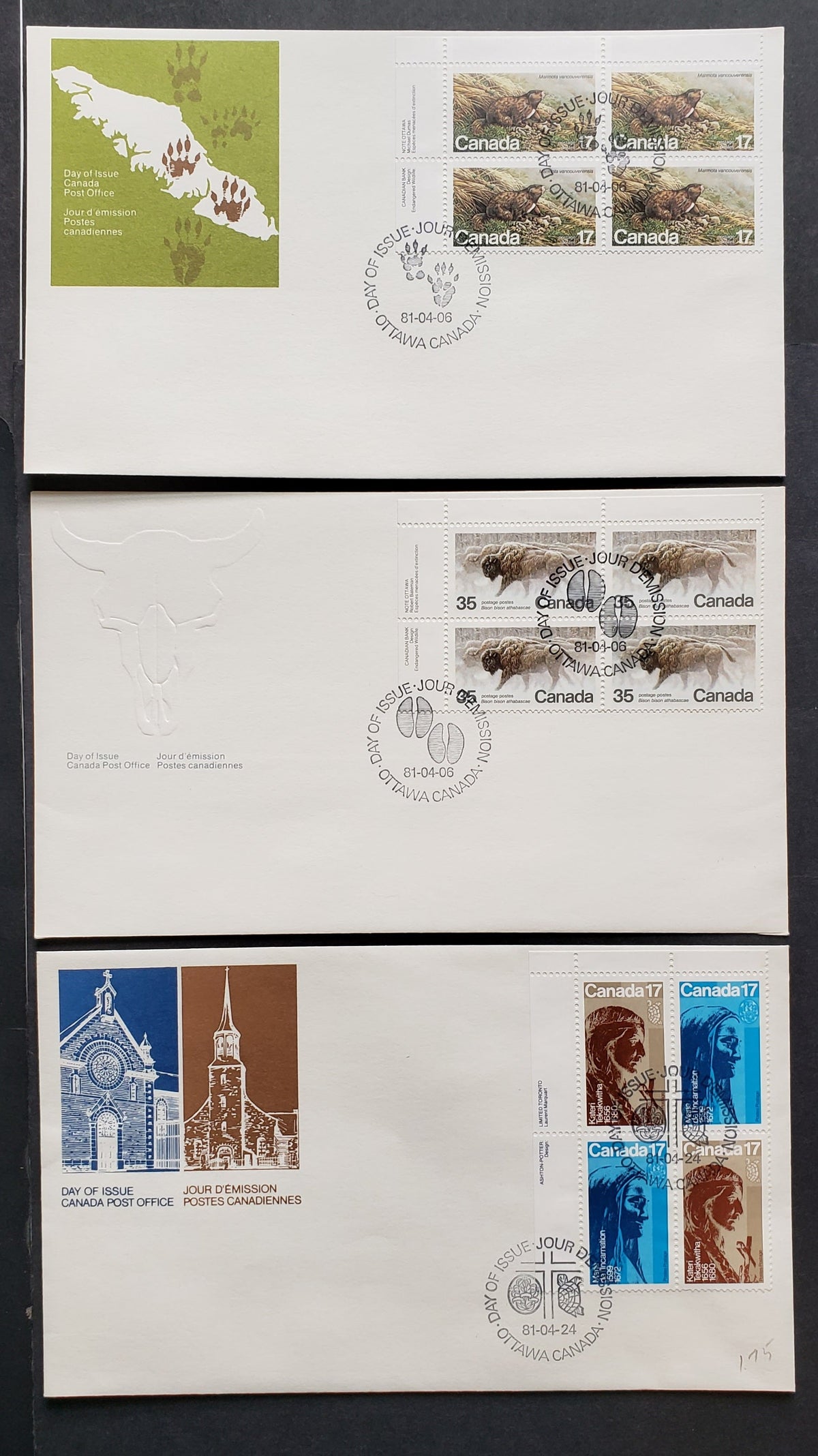 Lot 40 Canada #883-886a 1981 Endangered Wildlife – Religious Personalities, 3 Official FDC’s With UL Inscription Blocks, DF Paper and LF Paper