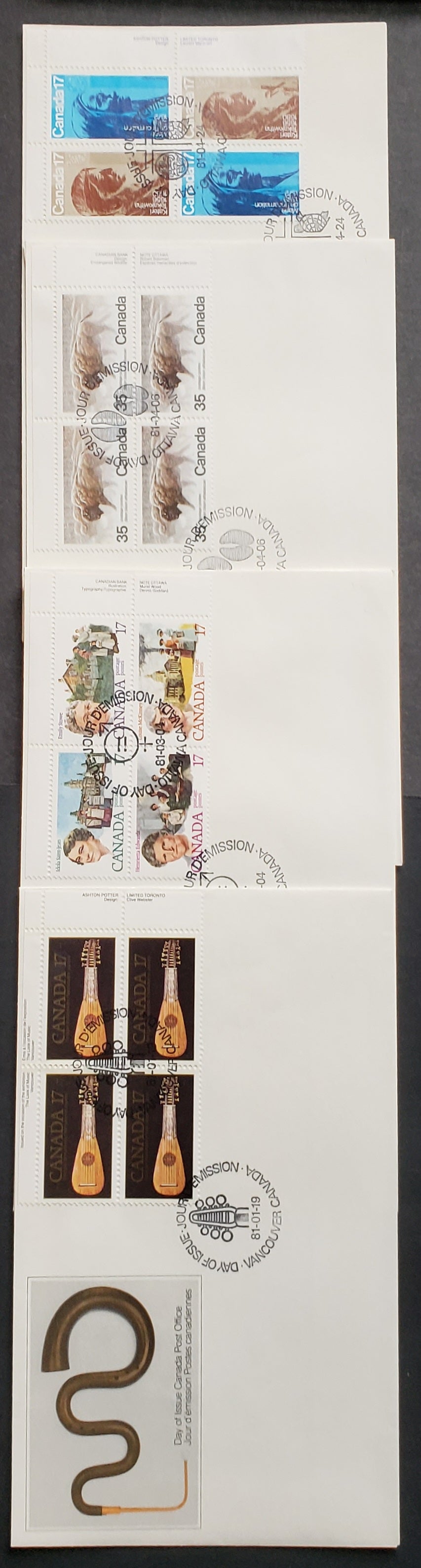 Canada #878-886a 1981 Music Exhibition – Religious Personalities, 4 Official FDC’s With UR Inscription Blocks, DF Paper and LF Paper