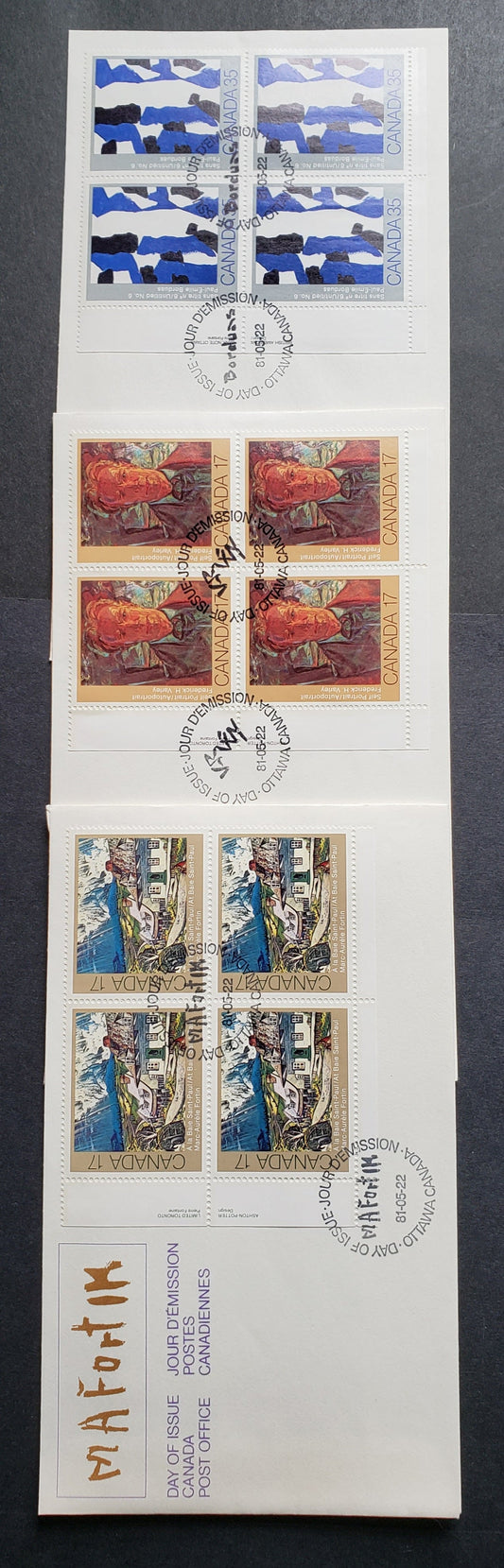 Canada #887-889 1981 Canadian Painters, 3 Official FDC’s With LL Inscription Blocks, All LF Paper