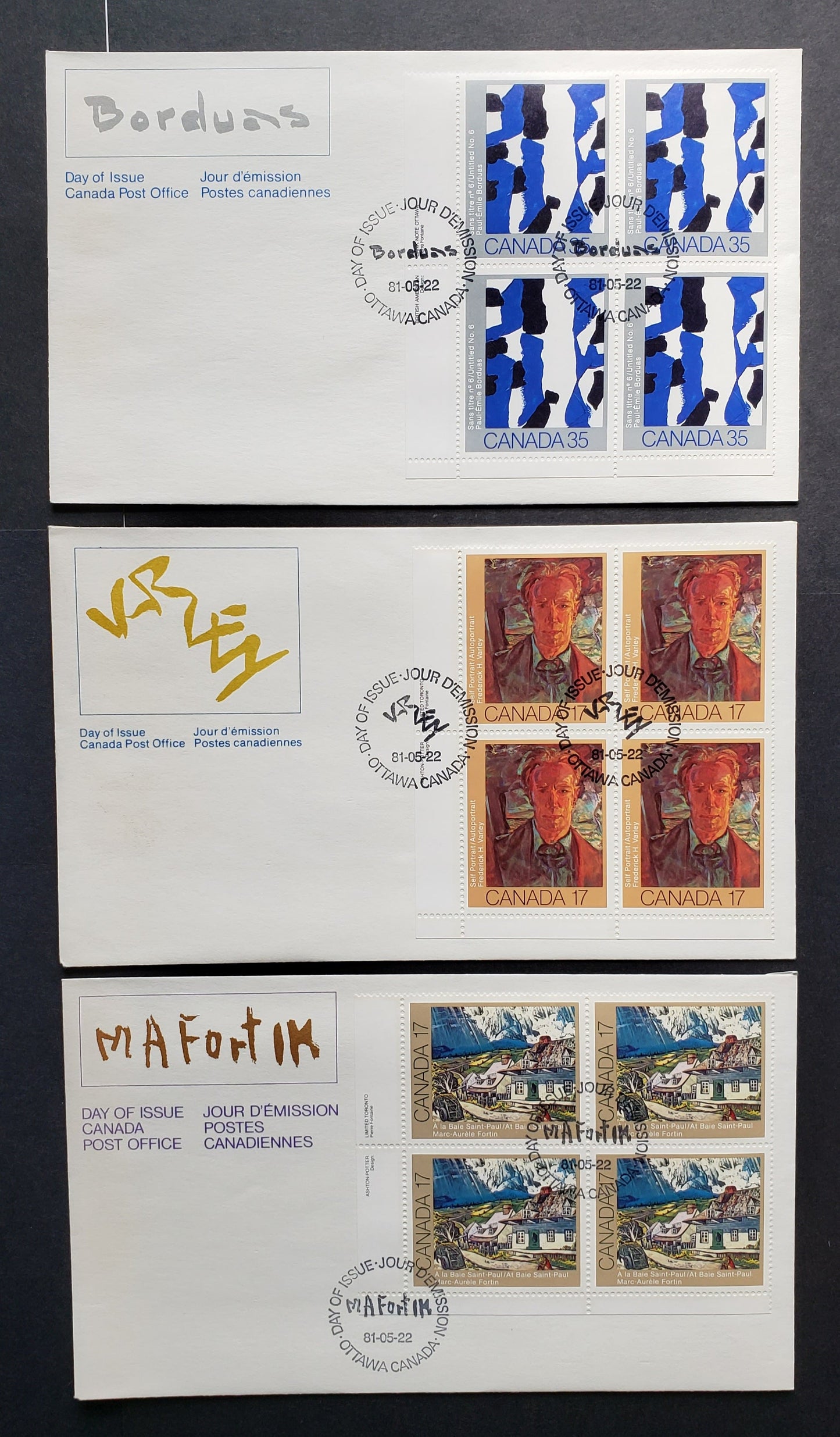 Canada #887-889 1981 Canadian Painters, 3 Official FDC’s With LL Inscription Blocks, All LF Paper