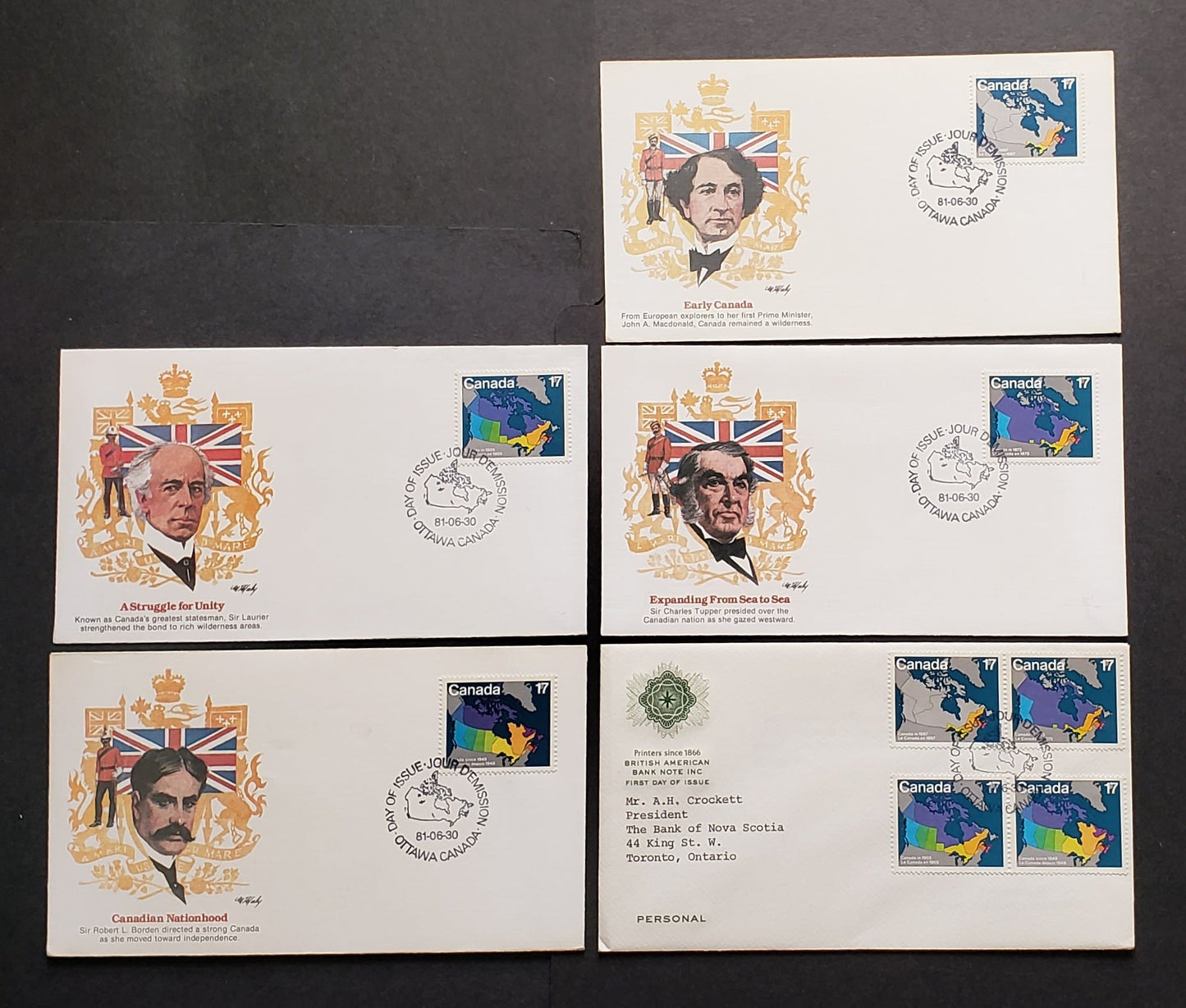 Canada #890-893 1981 Canada Day, 5 Fleetwood FDC’s With Singles and Combination DF Papers