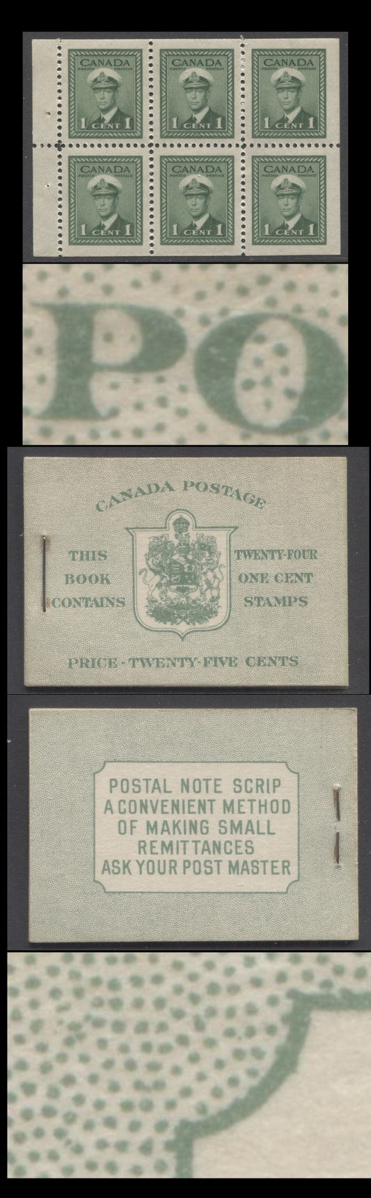 Canada #BK32fE 1942-1947 War Issue, A Complete 25c English Booklet, 4 Panes Of 6 1c Green, Front Cover IIa, Back Cover Cbi, Cover Type IIa, 7c & 6c Rate Page, 'Post Master' Two Words, 699,000 Issued