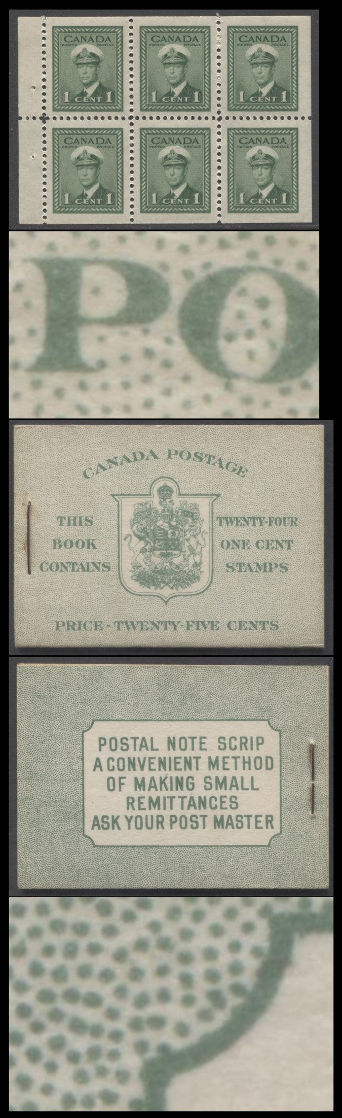 Canada #BK32fE 1942-1947 War Issue, A Complete 25c English Booklet, 4 Panes Of 6 1c Green, Front Cover IIa, Back Cover Cbii, Cover Type IIa, 7c & 6c Rate Page, 'Post Master' Two Words, 699,000 Issued