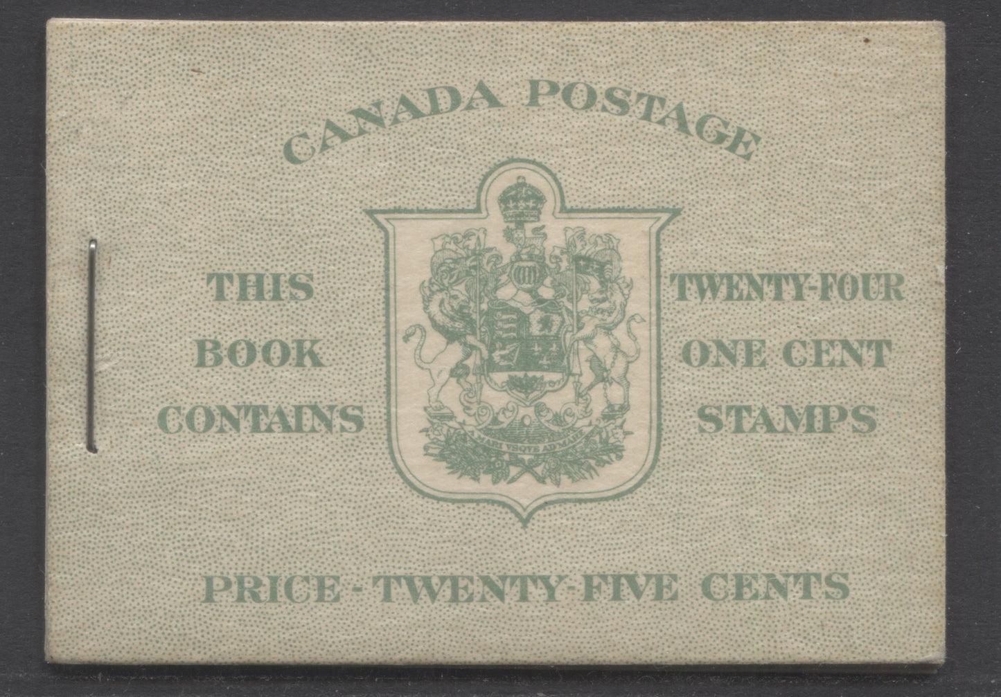 Lot 348 Canada (C) #BK32fE 1942-1947 War Issue, A Complete 25c English Booklet, 4 Panes Of 6 1c Green, Front Cover IIa, Back Cover Cbiii, Cover Type IIa, 7c & 6c Rate Page, 'Post Master' Two Words, 699,000 Issued