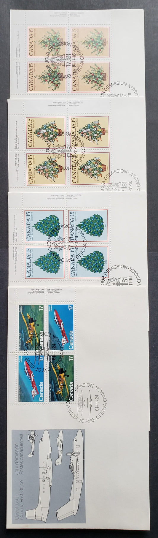 Canada #900-904ai 1981 Christmas & Aircraft, 4 Official FDC’s Bearing UR Inscription Blocks on DF Paper