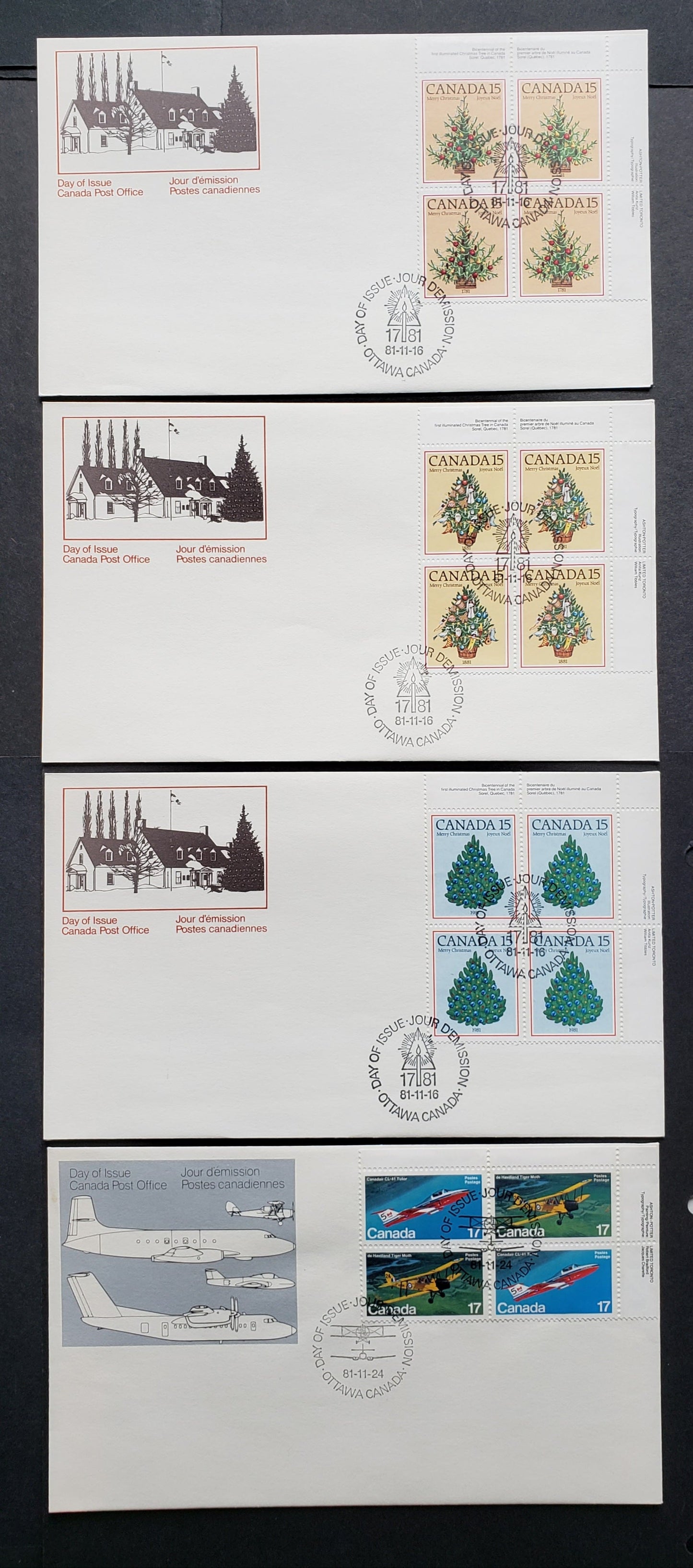 Canada #900-904ai 1981 Christmas & Aircraft, 4 Official FDC’s Bearing UR Inscription Blocks on DF Paper