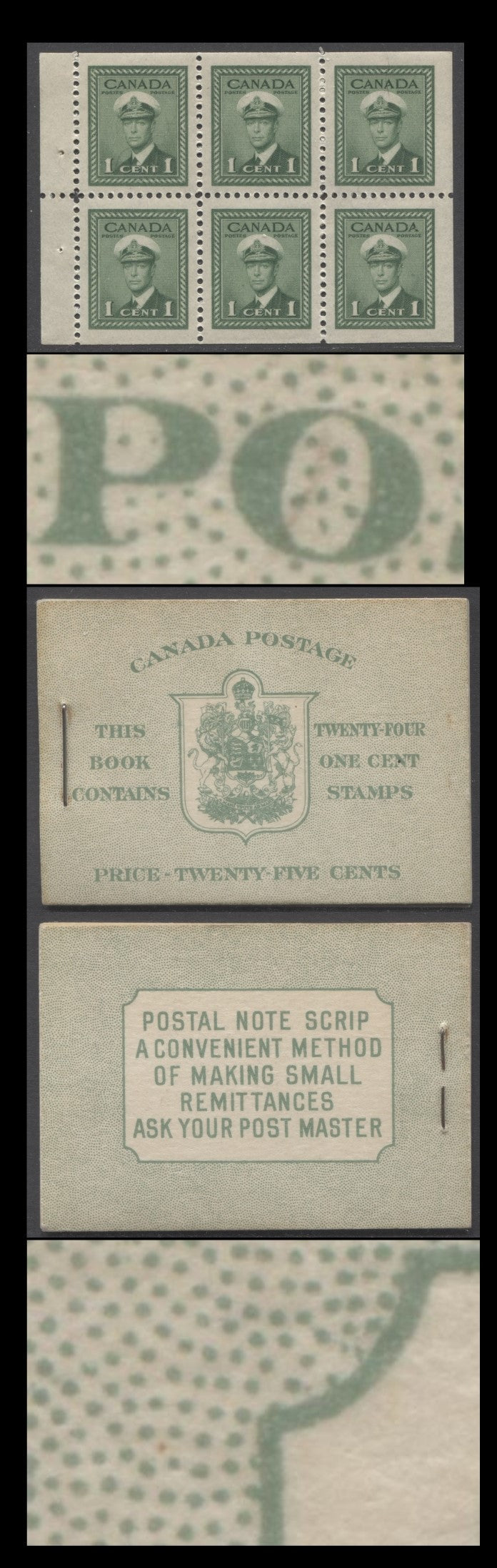 Lot 349 Canada (C) #BK32fE 1942-1947 War Issue, A Complete 25c English Booklet, 4 Panes Of 6 1c Green, Front Cover IIa, Back Cover Cbiv, Cover Type IIa, 7c & 6c Rate Page, 'Post Master' Two Words, 699,000 Issued, Paper CBN-XXXXX